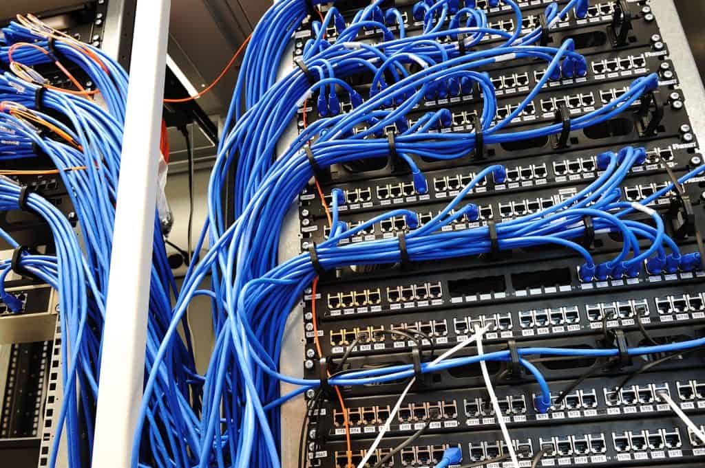 Network cabling panel with organised blue Ethernet cables, illustrating infrastructure choices in the fibre vs copper for business debate.