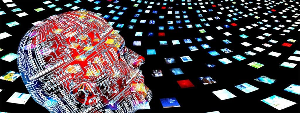 Digital circuit board human head with floating screens symbolising AI integration in audiovisual technology.