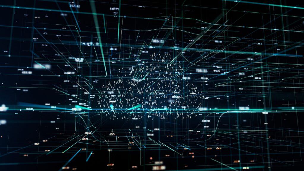 Abstract digital network visualising data transfer and connectivity, representing cloud-based communication tools for modern business scalability.