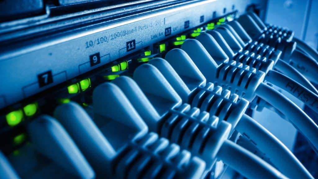 Close-up of Ethernet cables in a network switch, illustrating data communication infrastructure essential for scaling UK businesses.
